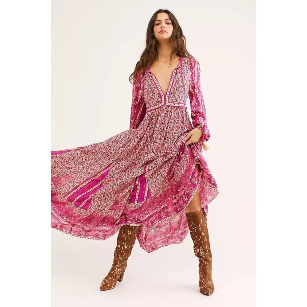 NWT Free People Happy Feelings Maxi in Peach Pink Floral Print Dress XS $168